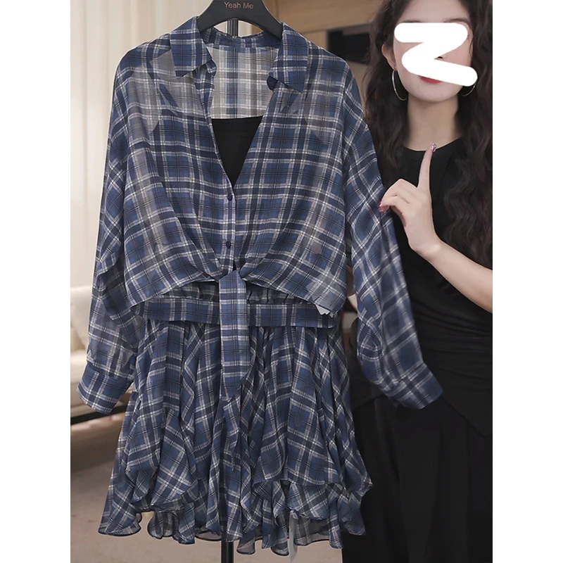 巨好看的夏日套装2025新款复古长袖薄款防晒格子衬衫短裙三件套装