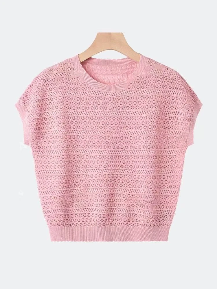 2025夏季新款镂空针织钩花套头t恤气质百搭休闲上衣女
