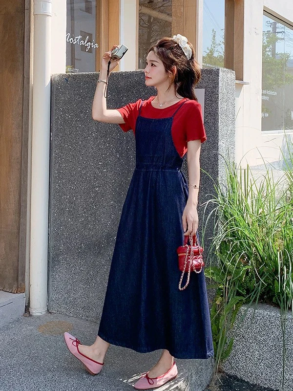 2025夏季新款韩版短袖T恤女牛仔吊带背心连衣裙两件套时尚套装