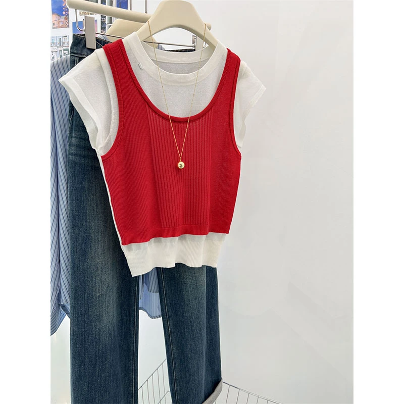 【现货闪发】韩系红色背心假两件薄款针织短袖t恤圆领设计感短上衣