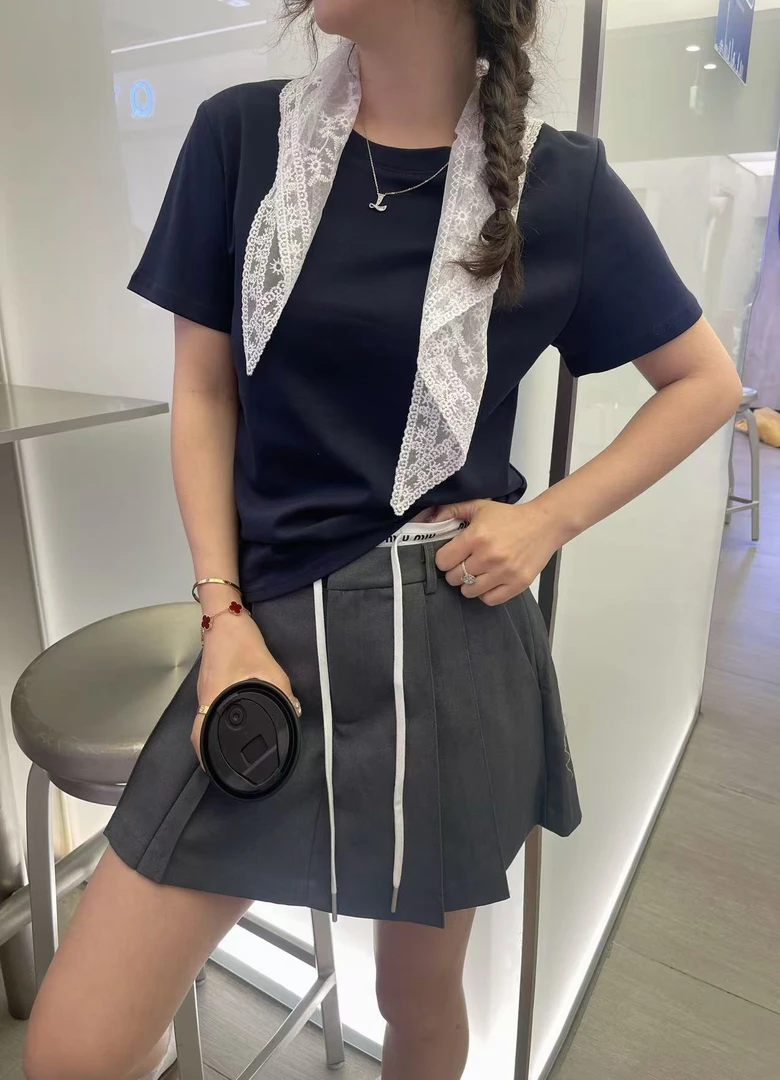 2025新款韩系百搭蕾丝飘带短袖T修身显瘦百搭气质款