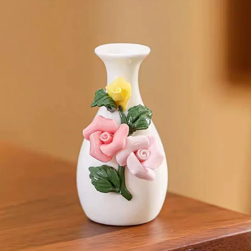 手工陶瓷三朵玫瑰小花瓶简约风格装饰摆件