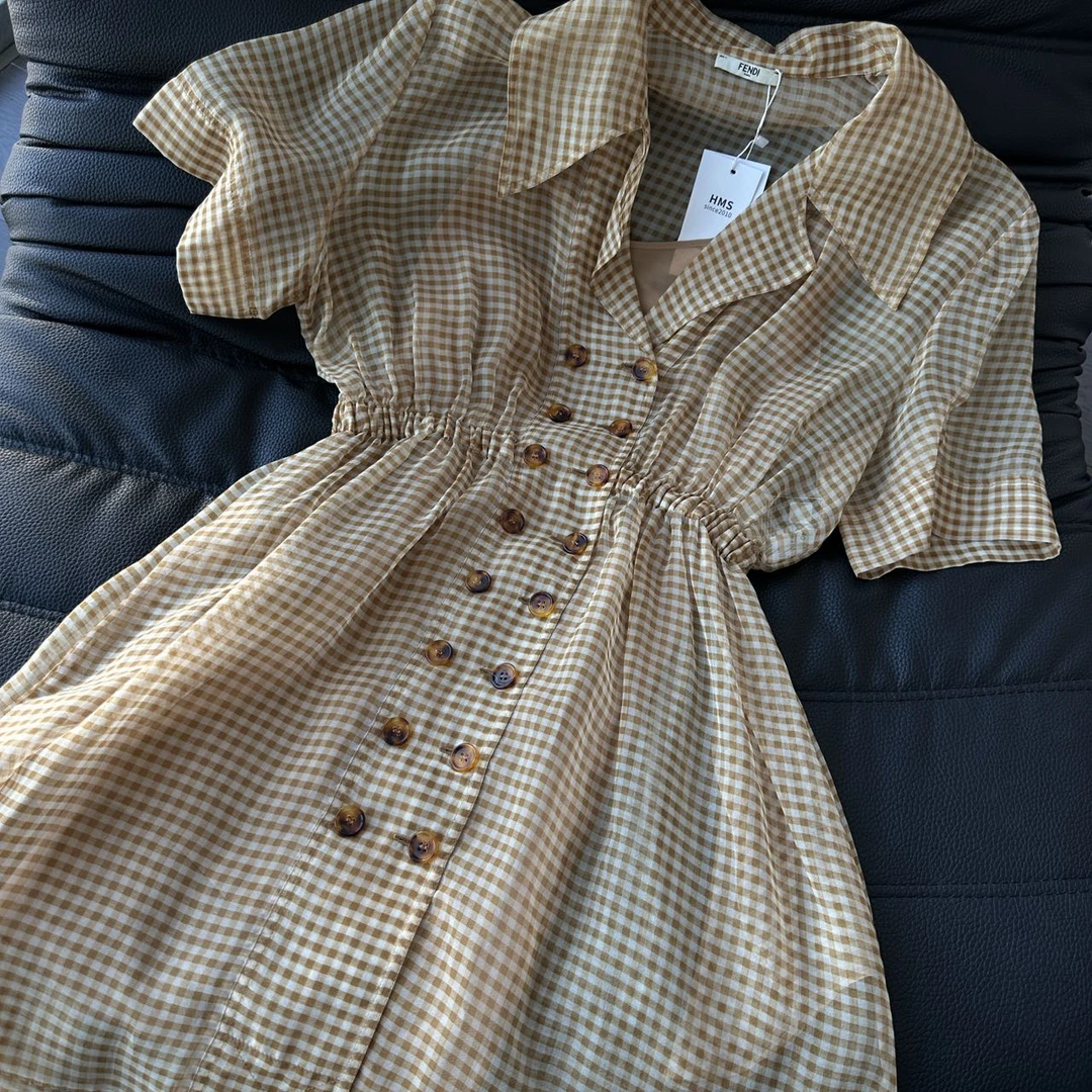 99新 FENDI/芬迪 黄色两件套格纹裙子40码