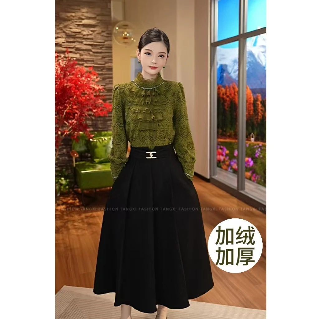 2025秋冬新款【LT-D845】加绒加厚绿色蕾丝长袖衬衫上衣女