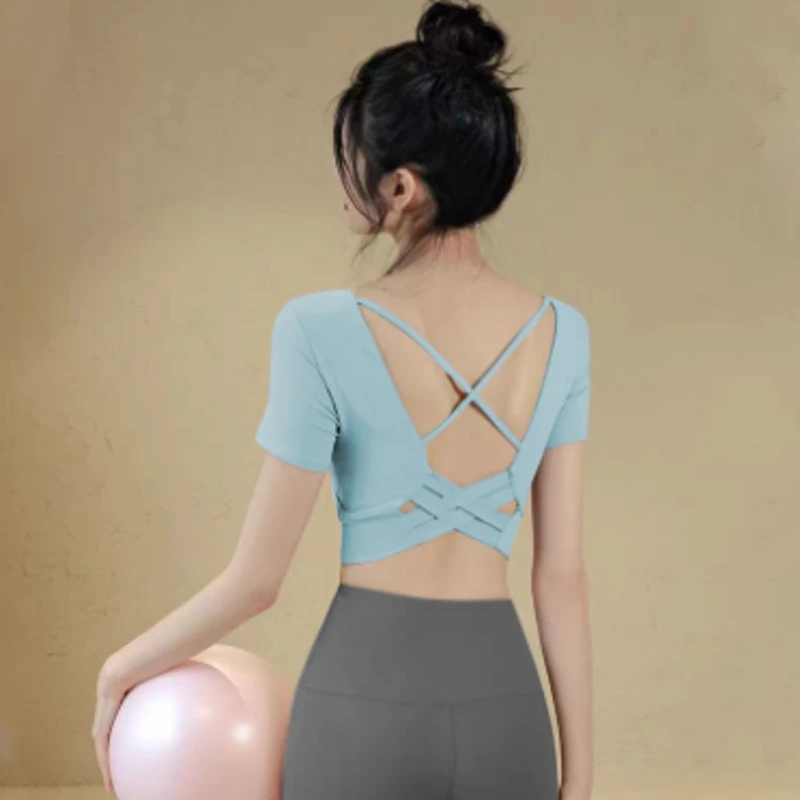 夏季新款瑜伽服运动上衣女美背短袖T恤跑步气质时尚健身服单件101