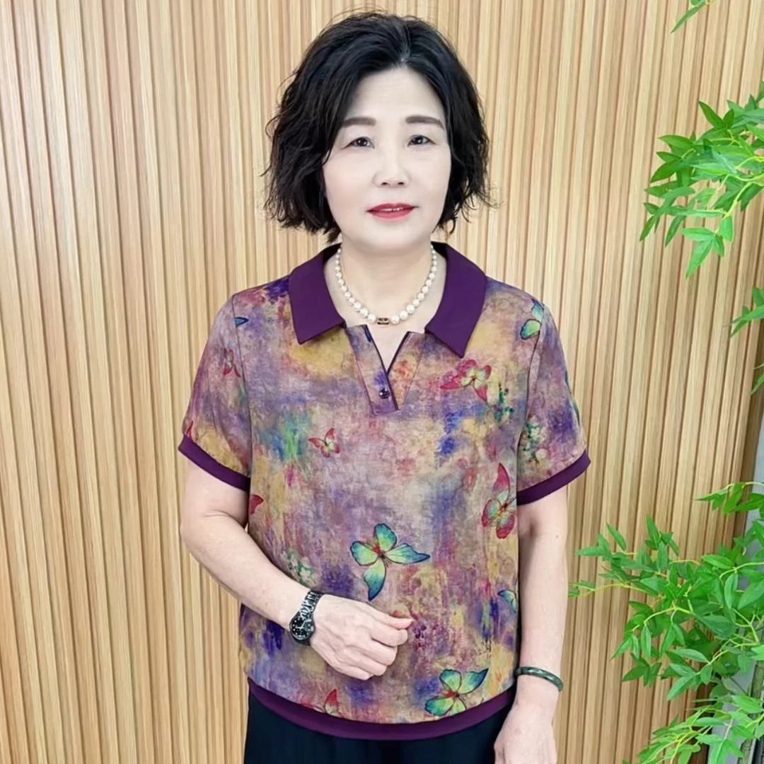 纽扣薄款翻领休闲风中老年女装娃娃领常规美式侘寂风V5627