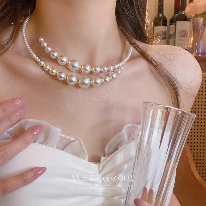 铜合金仿珍珠项链 不规则交叉珠珠项链女高级感独特项圈时尚配饰