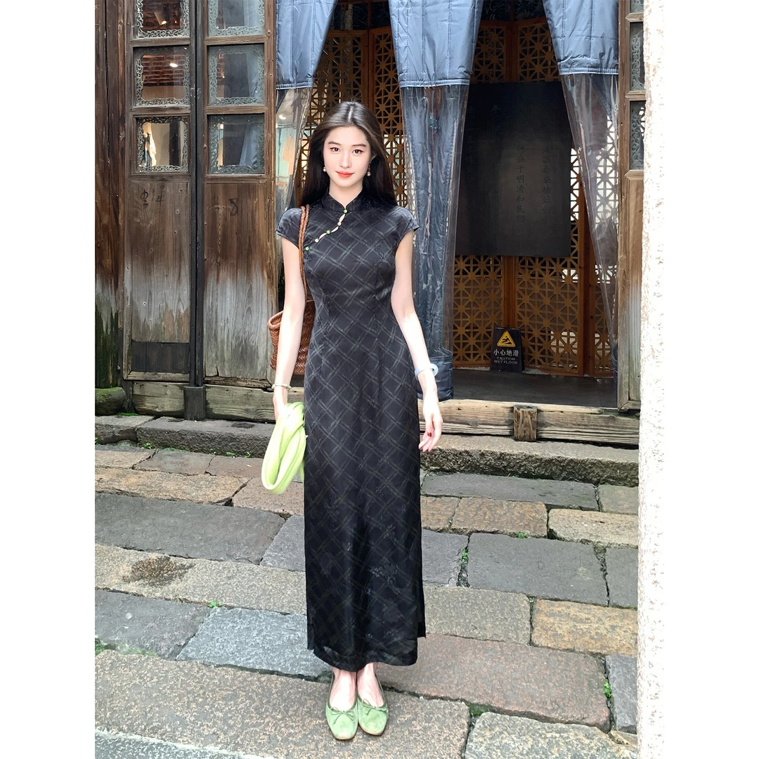 凌茜恣禾【墨韵格香】国风新中式黑色格纹提花连衣裙复古改良旗袍裙