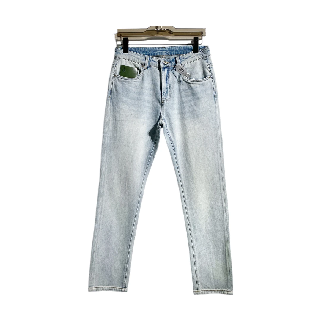 【奢潮定制】1781秋季撞色皮牌修身小直筒金属三角标浅色潮流牛仔裤