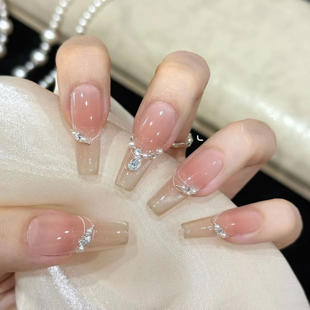 【月华】纯手工穿戴甲温柔裸色腮红猫眼美甲水滴锆石钻甲片