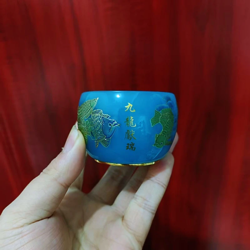蓝九龙献瑞无礼盒高端茶器主人杯品茗杯手绘琉璃杯茶杯水杯