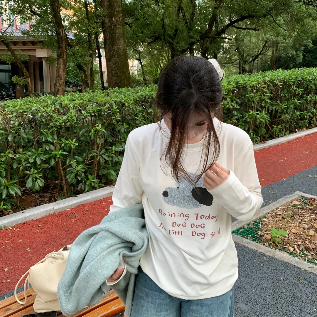 梦里-陈 线条小狗显瘦常规版长袖T