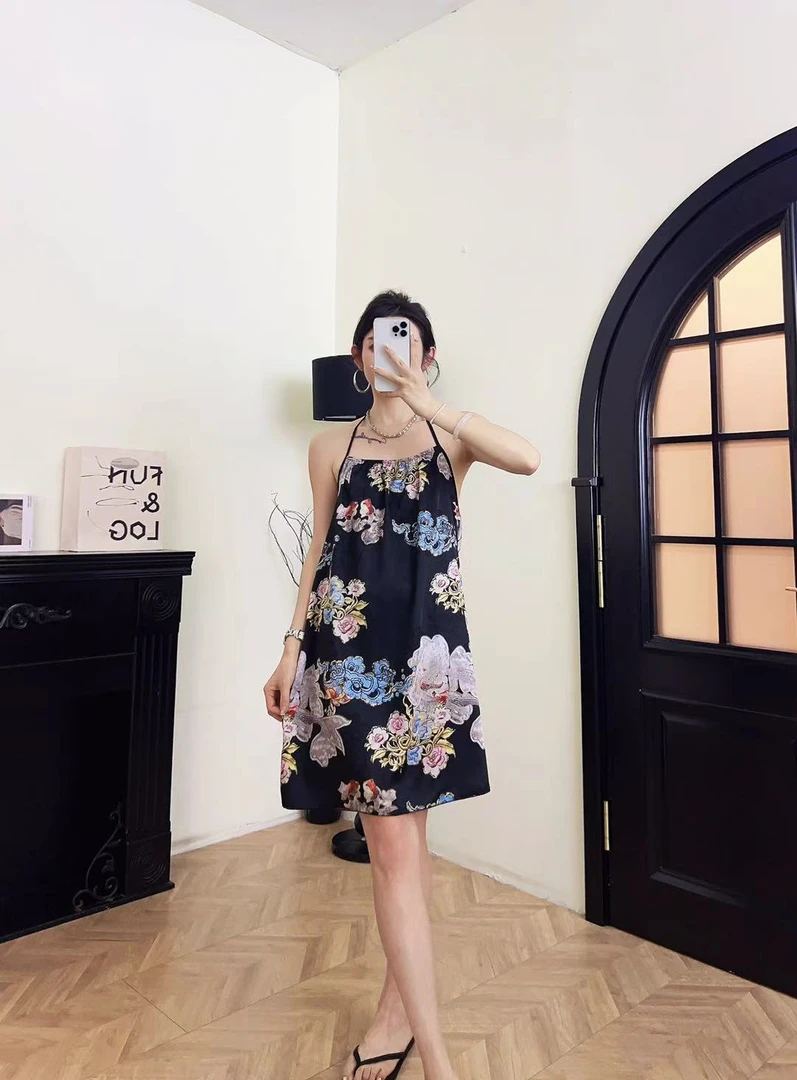 甜美性感夏季睡衣吊带睡裙双面提花大码新中式民族风宽松气质睡裙