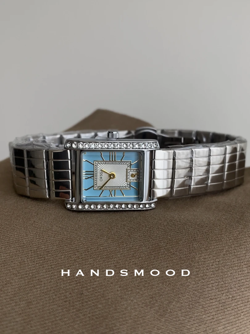 handsmood 银蓝色镶钻方形时尚高级感通勤气质百搭女士钢带手表
