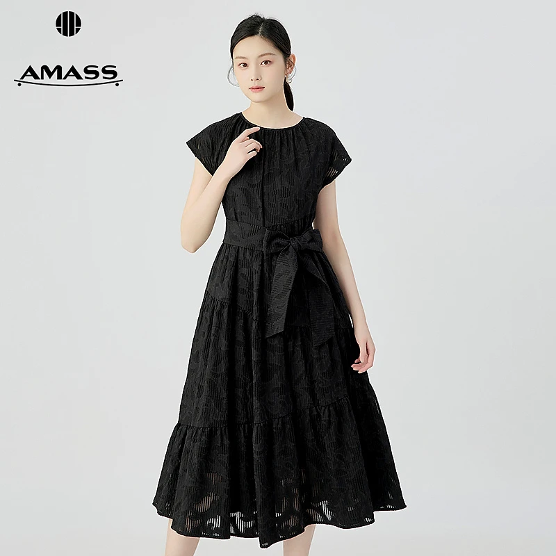 阿玛施AMASS舒适通勤气质肌理感圆领抽褶无袖连衣裙附内搭5500533
