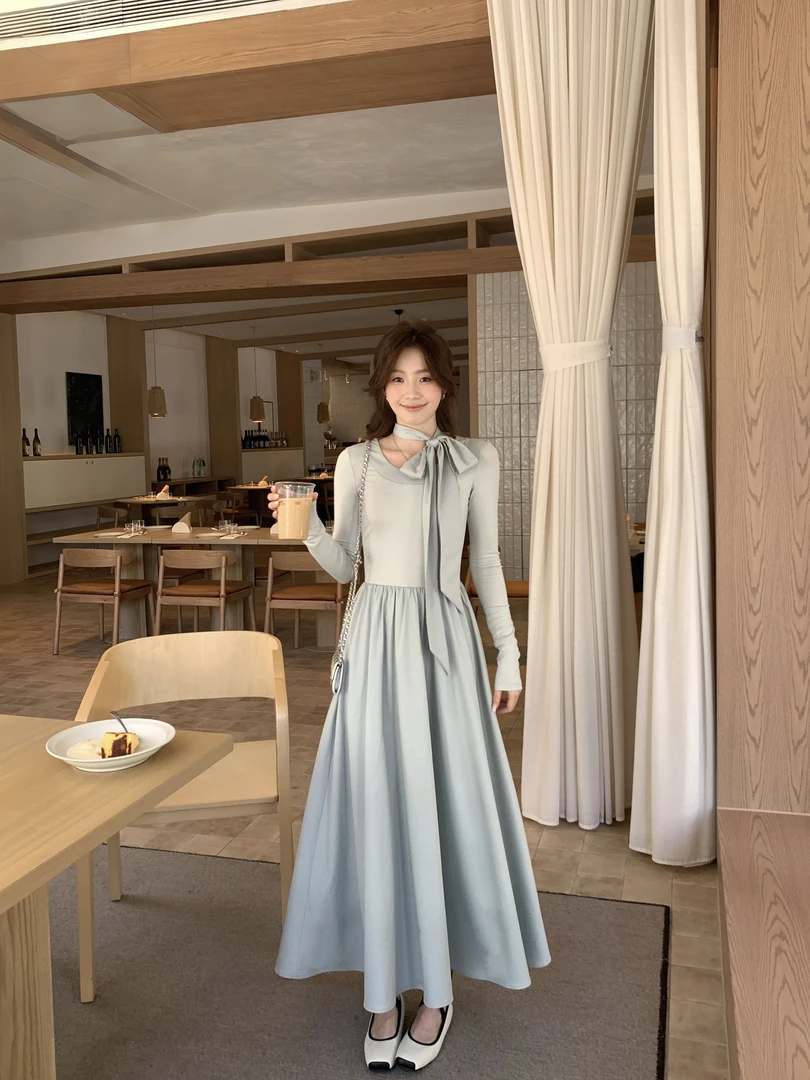 Even一雯【茉莉奶绿】韩系高智感温柔大圆领长袖系带蝴蝶结连衣裙