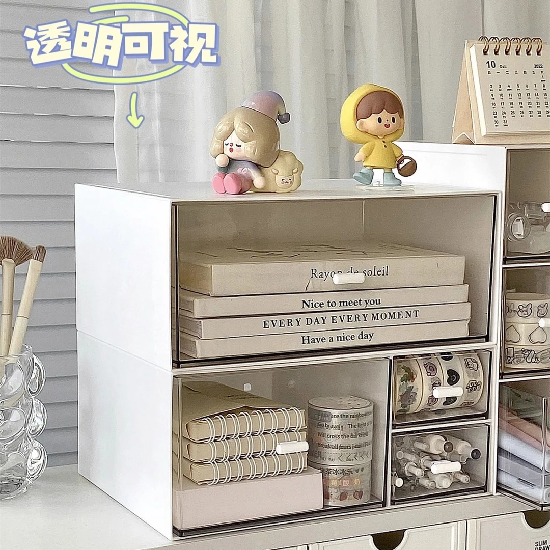 桌面抽屉式收纳盒文具化妆品办公室透明书桌亚克力整理盒置物ktw