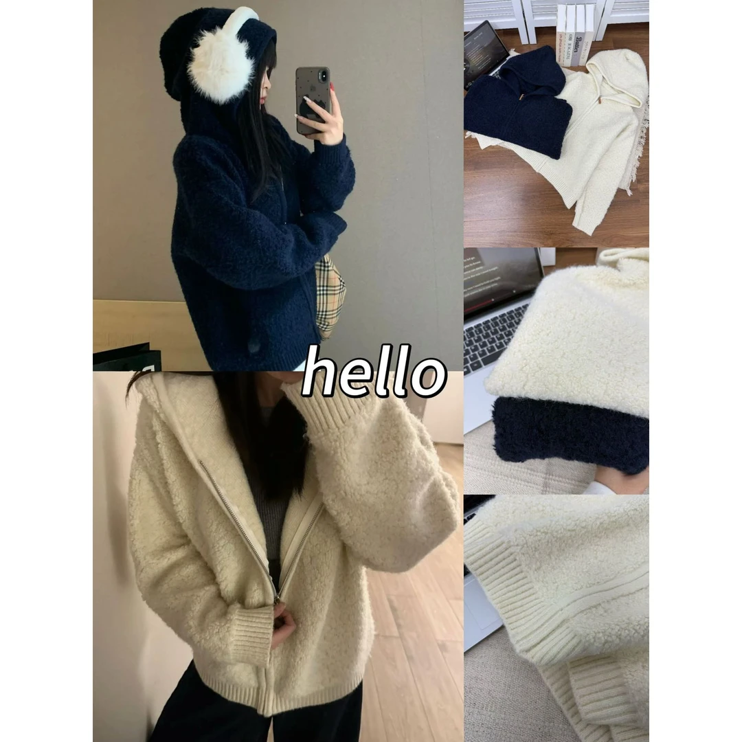 连帽拉链毛衣女秋冬季新款韩系慵懒风宽松开衫羊羔毛绒外套