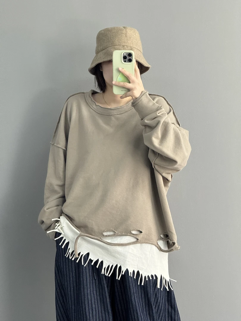 【个性拉破卫衣】套头设计款早秋上衣长袖百搭宽松调性圈圈棉