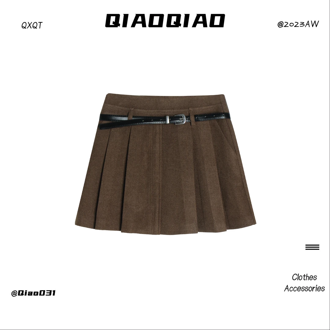 QXQT 理性消费NO退NO换「窈窕」百褶口袋呢料短半裙T33