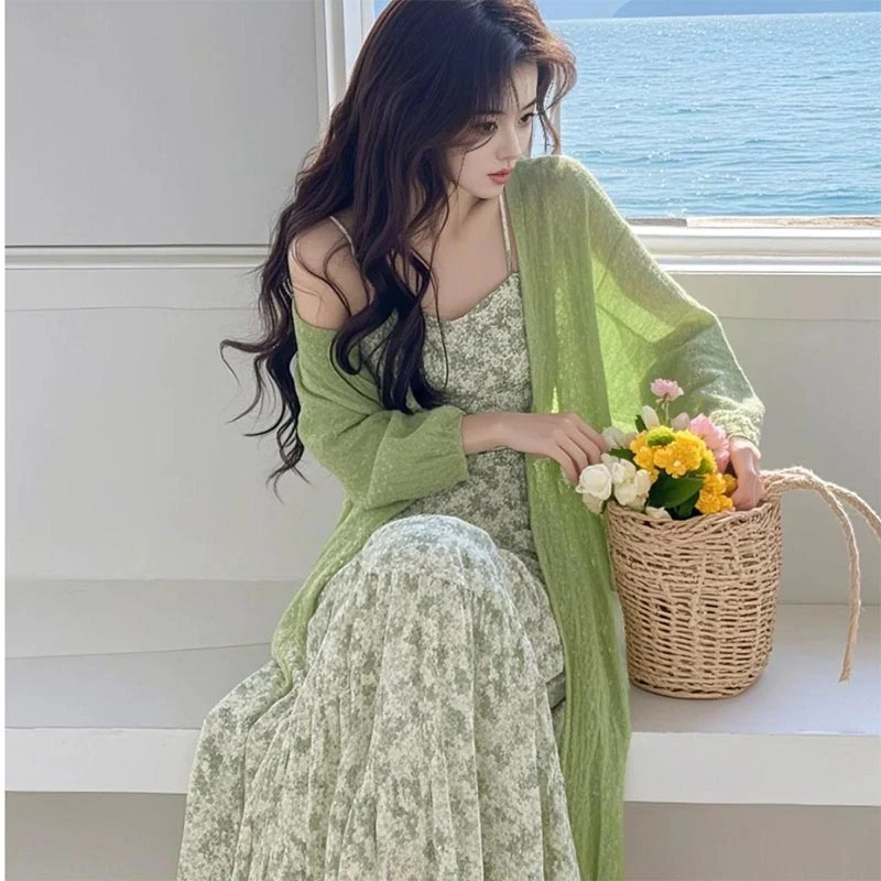 两件套针织开衫碎花连衣裙时尚一整套2025年韩系春季穿搭新款装女