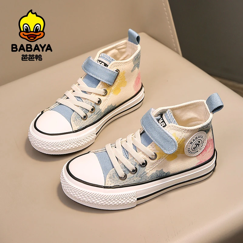 芭芭鸭儿童高帮帆布鞋2025春季新款女童休闲鞋透气软底单鞋学生鞋