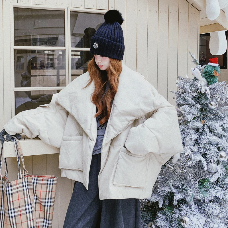 米白色韩系巨好看蝙蝠袖廓形羽绒服女冬季2025新款90白鸭绒面包服