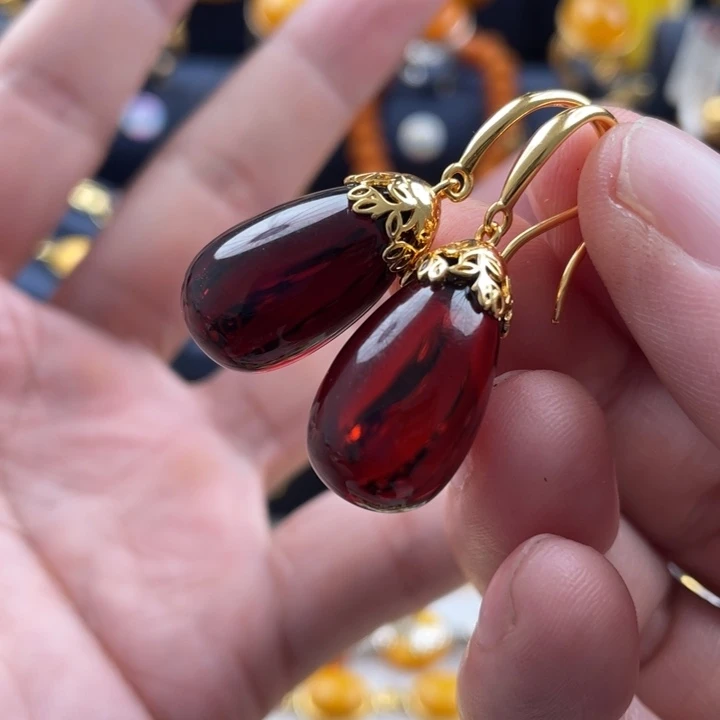 血珀耳饰银S925镀金镶嵌