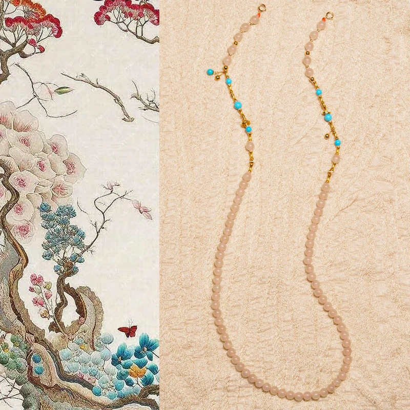 18k金藕粉绿松石“月下观”新中式时尚项链（约长51cm，约卡5mm）