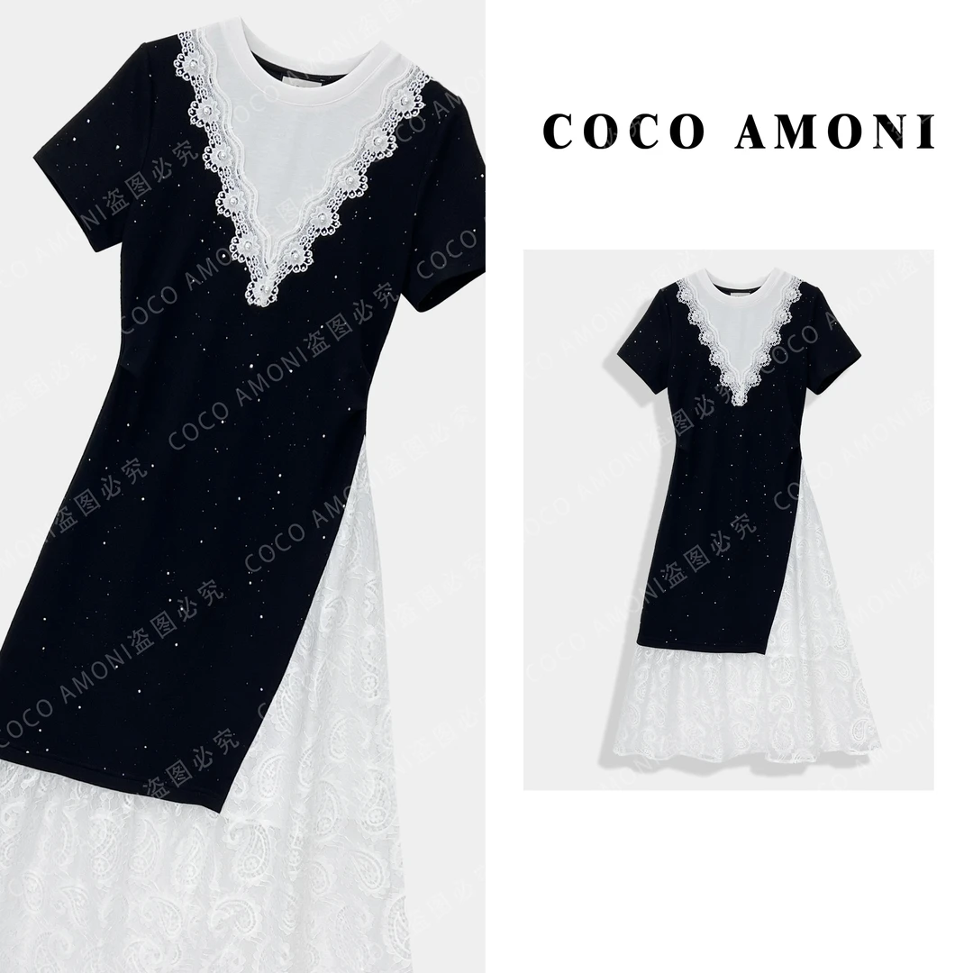 [LL]名媛风设计高级感女装拼接重工假两件显瘦夏日连衣裙AC749