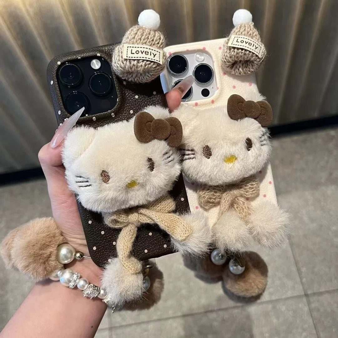 适用毛绒围巾KT公仔iPhone17/16promax皮革纹手机壳苹果15/14挂绳