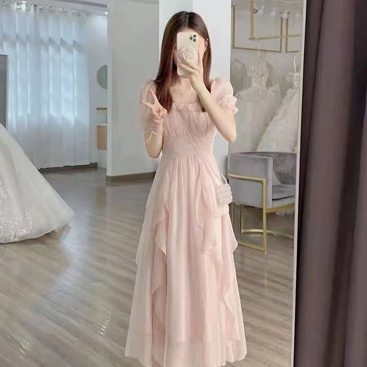 夏季新款12-15岁大童女装连衣裙气质礼服超仙温柔风仙女过膝长裙