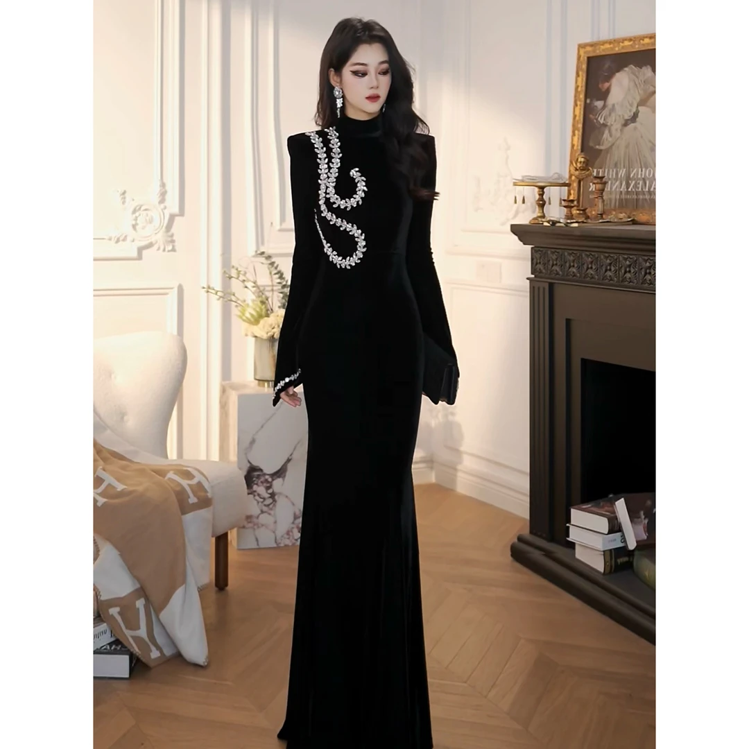 ZHAOMU  气质高腰半高领长款连衣裙黑色名媛复古