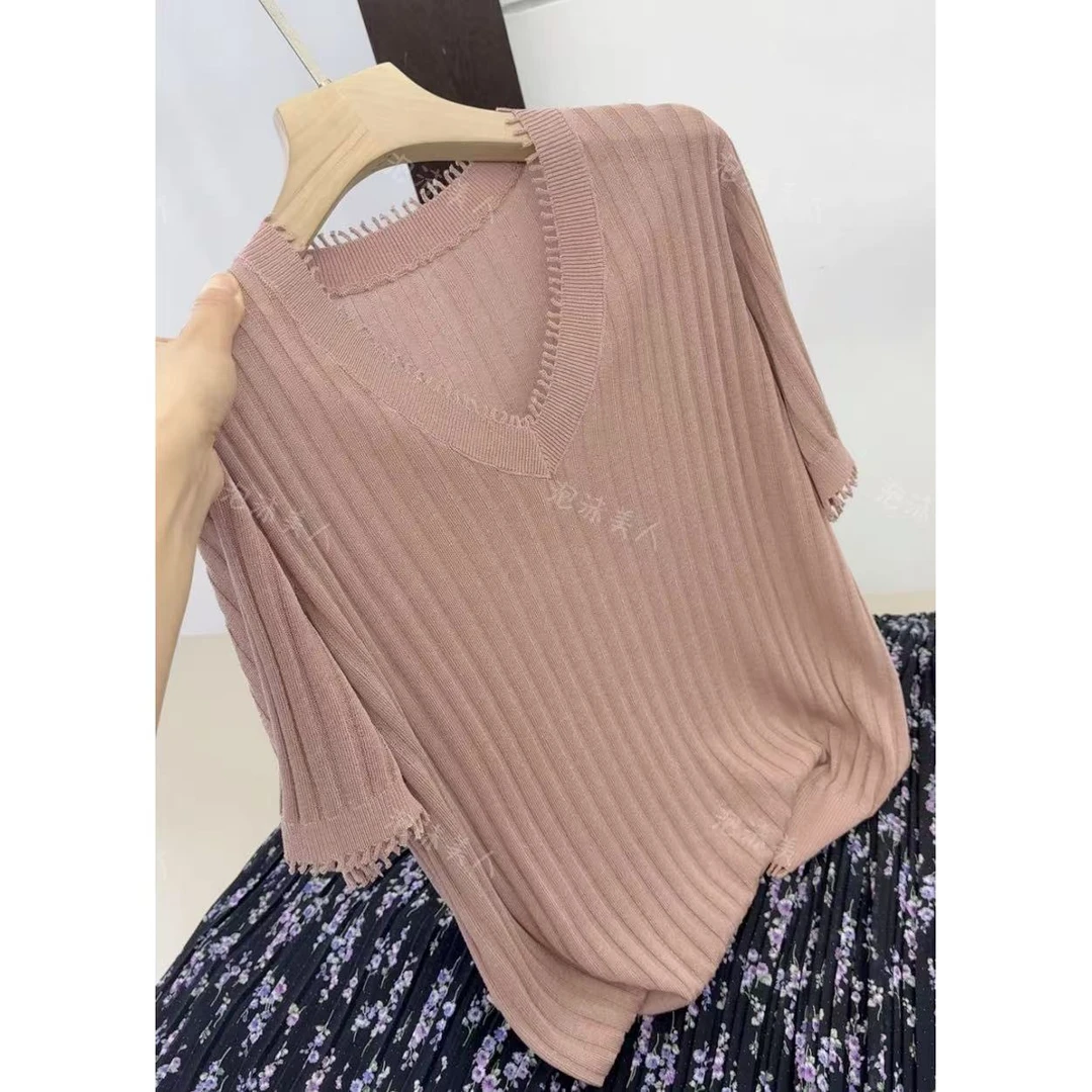 藕荷粉」流苏V领气质时尚百搭纯色短袖针织衫女25夏季新款 长57