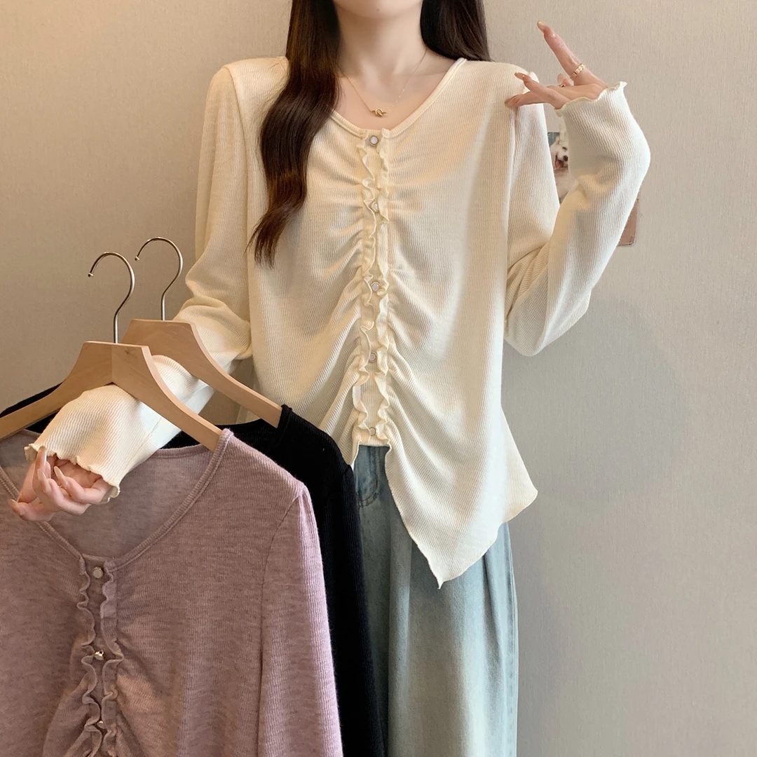清大码美美哒2025春季新款时尚百搭针织衫褶皱显瘦气质上衣63998