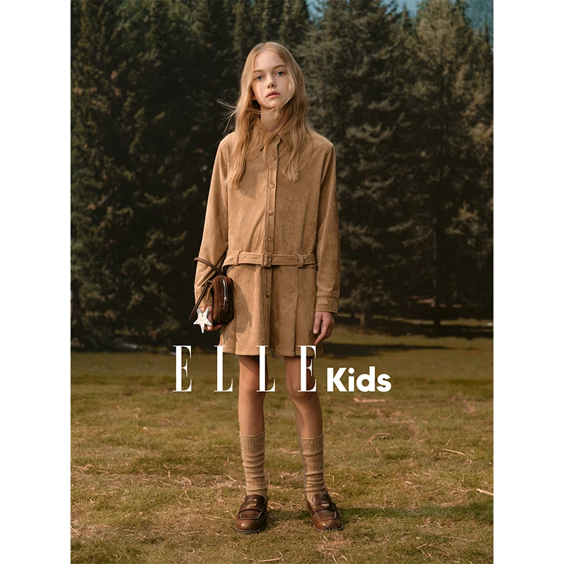 ELLE KIDS 童装仿麂皮绒学院风连衣裙复古时尚休闲纯色简约秋季Q3