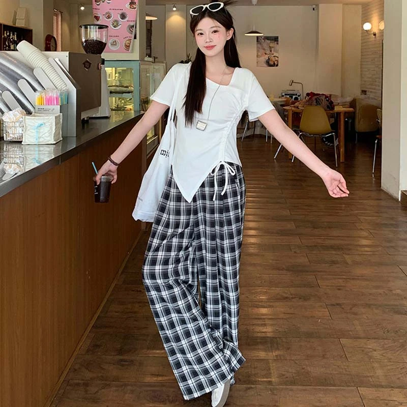 卡莲格/不规则斜领抽褶显瘦短袖格子阔腿裤两件套夏季休闲风套装