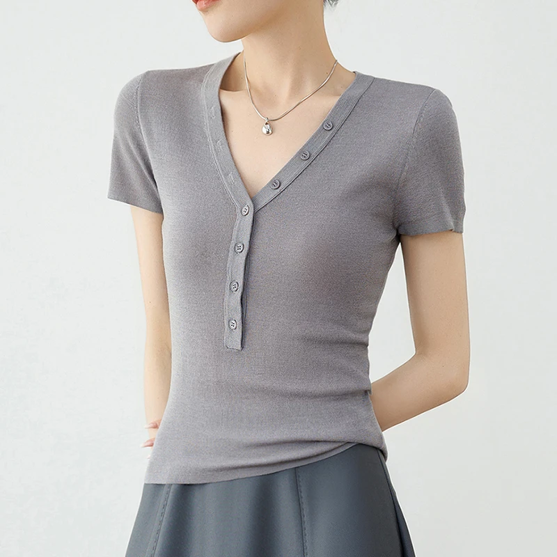 深圳品质女装轻薄透气V领醋酸羊毛针织衫女夏季短袖独特漂亮小衫