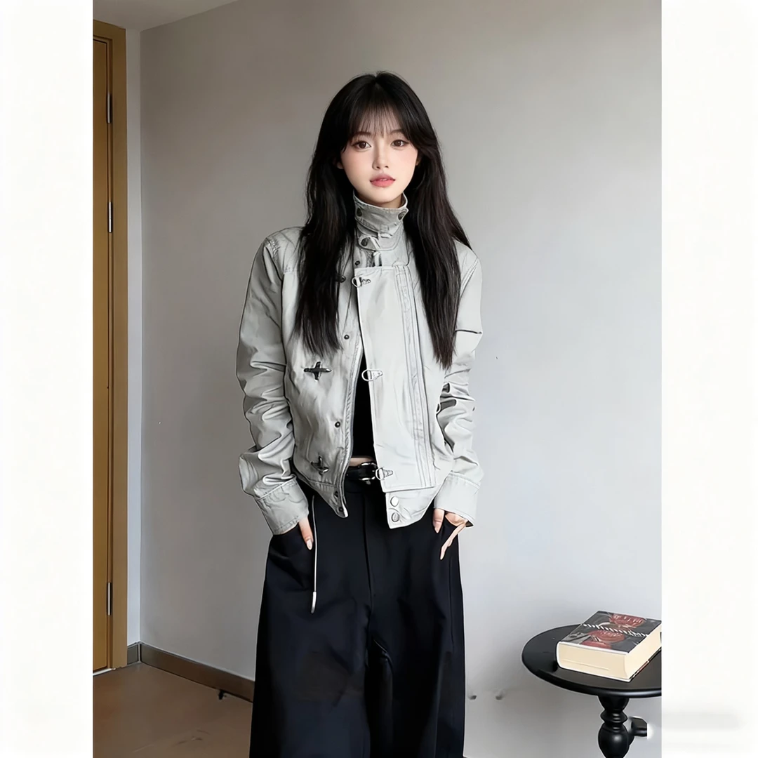 秋季解构设计飞机扣翻领夹克男女款美式复古vintage短宽做旧外套