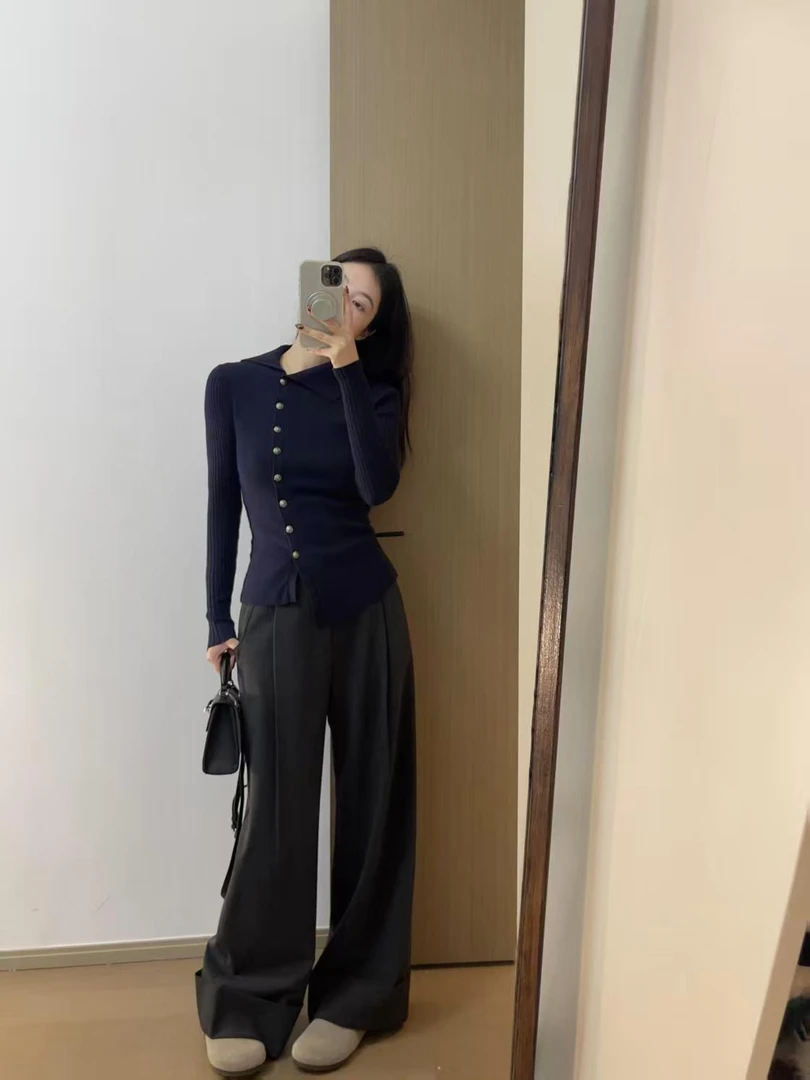 韩系ins高级长袖针织衫新款显瘦秋冬季外套修身上衣宽松休闲裤子