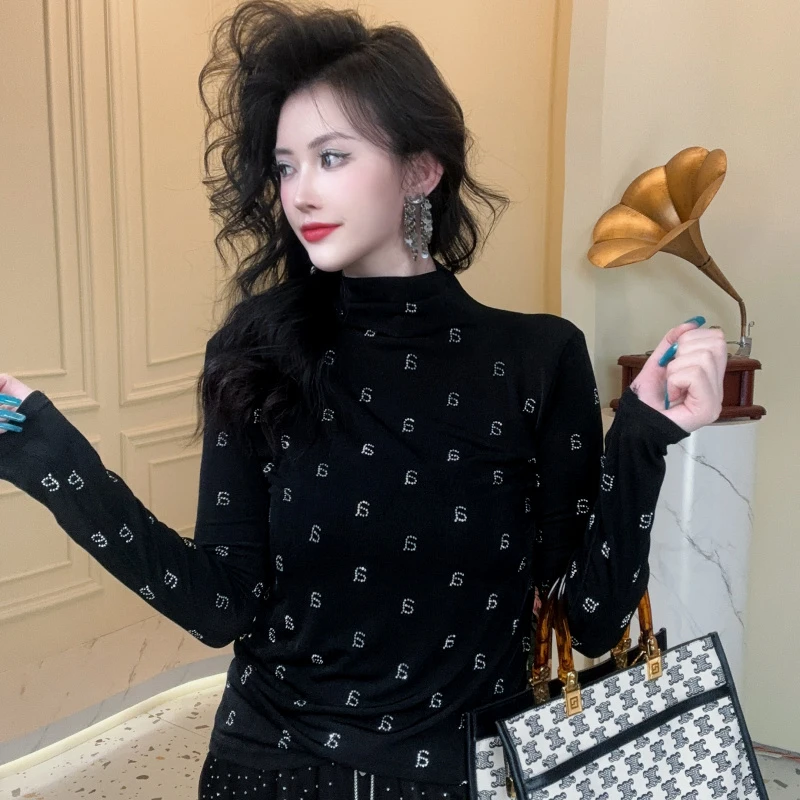 【秋冬爆款】ａ字母时尚半高领长袖上衣重工烫钻T洋气欧货显瘦打底
