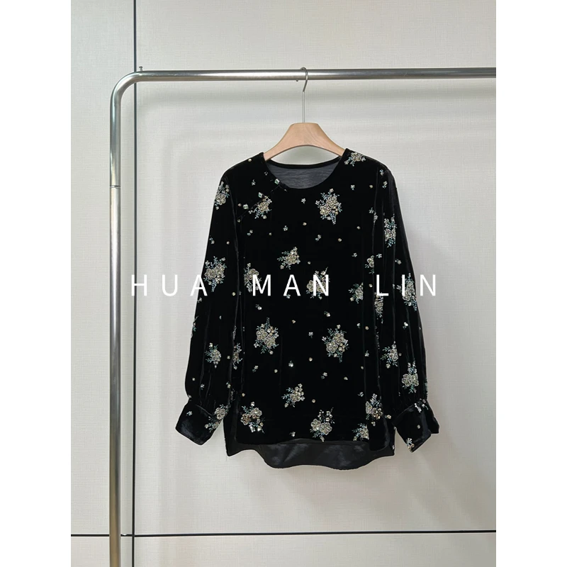 【花滿林】‘月色星空’圆领钉珠前短后长桑蚕丝丝绒上衣255802