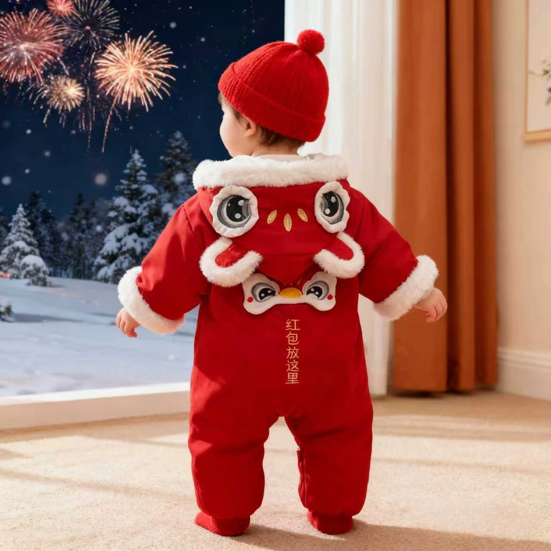 冬上新婴幼儿新年拜年服加绒加厚红色过年外出冬装宝宝连体衣D117