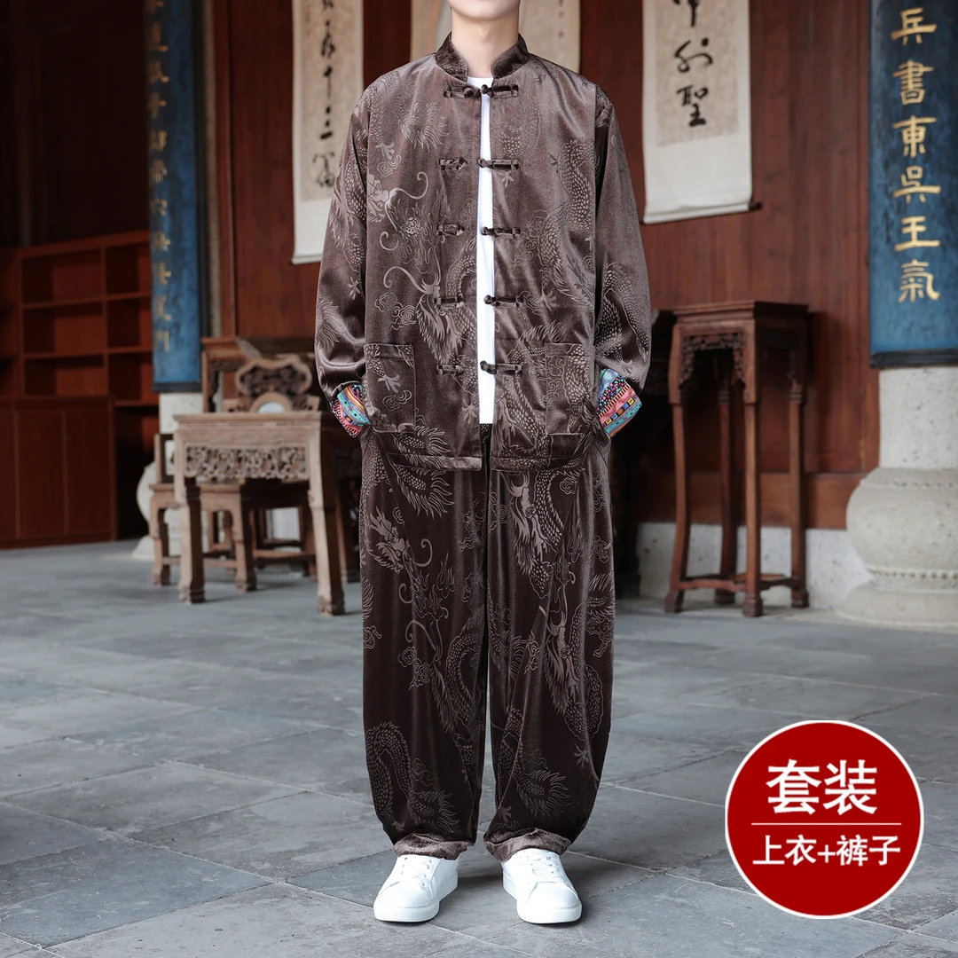 中山装夹克男中国风唐装高级感金丝绒套装复古宽松垂感长裤两件套