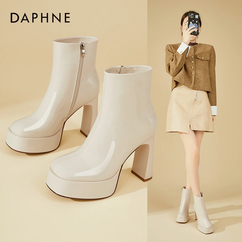 Daphne/达芙妮防水台高跟短靴女配裙子时装靴百搭粗跟方头瘦瘦靴