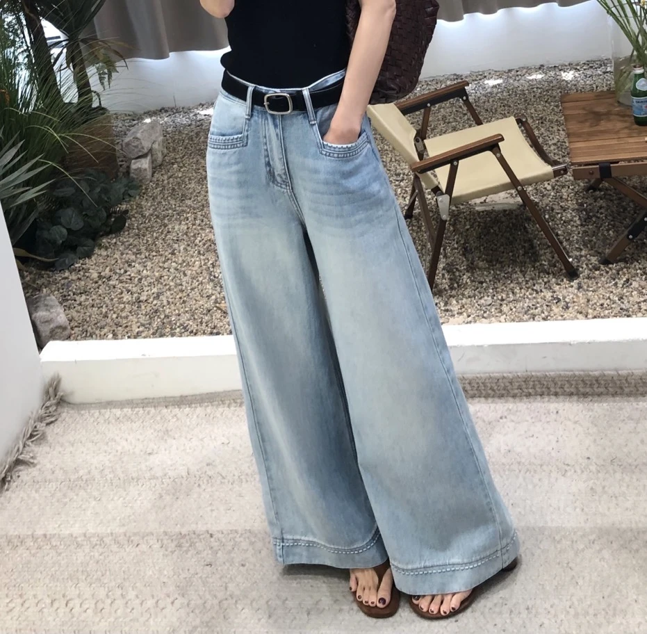 巴恩风流浪裤～韩系复古天丝2025年牛仔棉阔腿牛仔裤女（不含腰带）