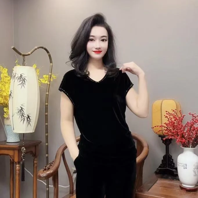 【峰姐甄选】时尚V领串珠包肩半袖丝绒衫8691【WYY】