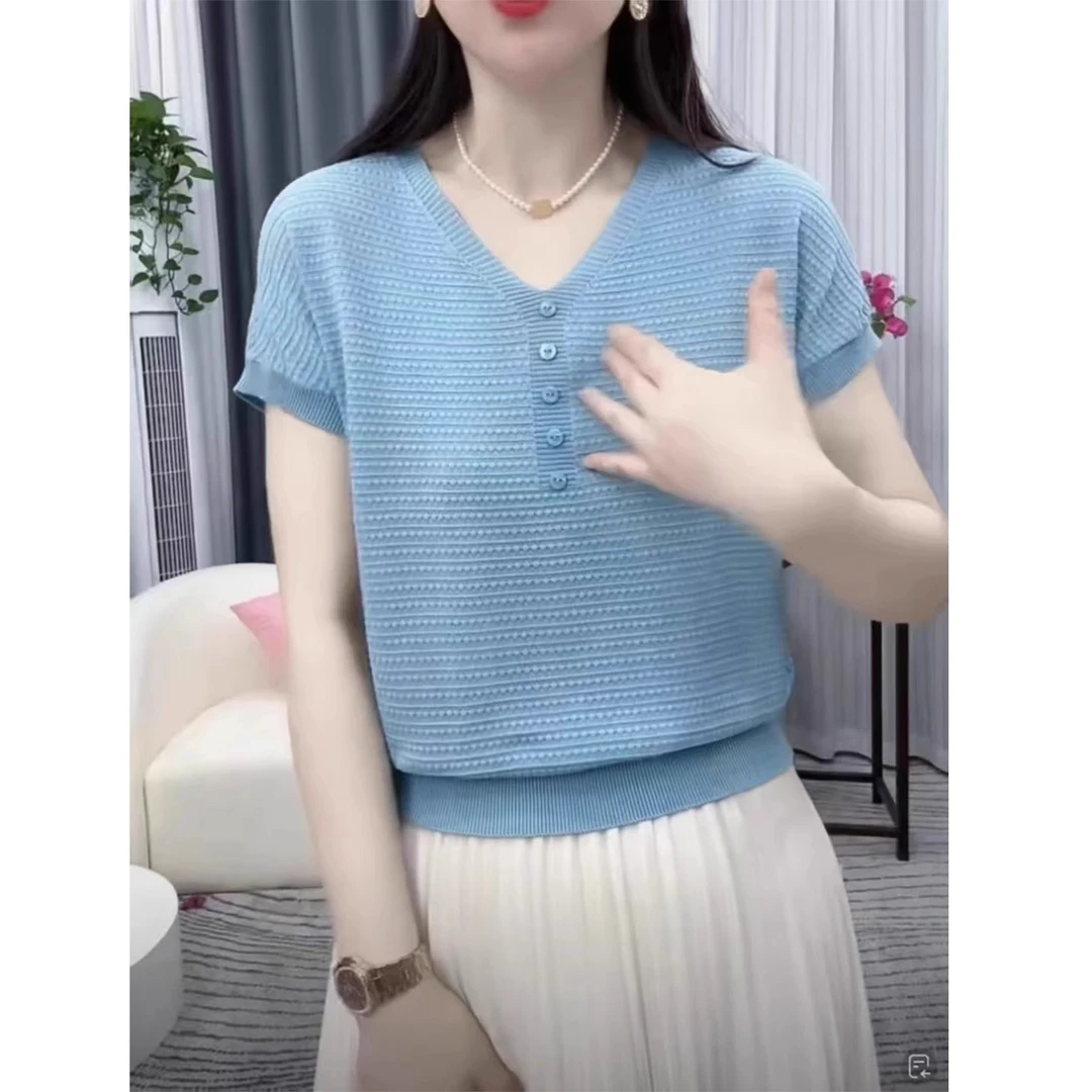 2025夏季新款V领冰丝莱赛尔气质薄款女天丝宽松显瘦短袖针织上衣