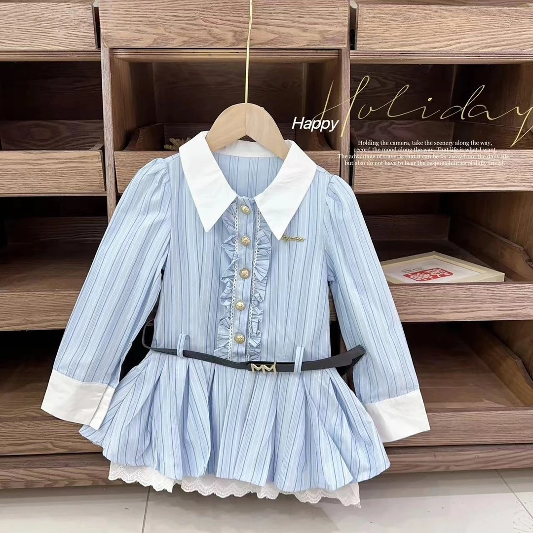 汤圆家童装2025春季新款韩系高端设计款蕾丝拼接条纹衬衫 XA-754