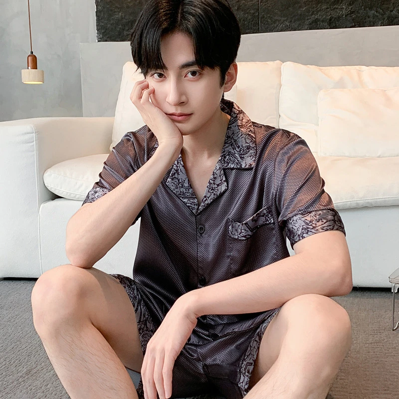 睡衣男夏款短袖冰丝新款夏季夏天纯色大码仿真丝绸男士家居服薄